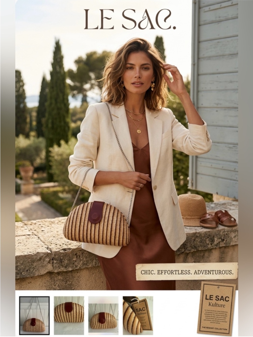 NWT ~ Le Sac Striped Straw Shoulder Bag with Brown Trim